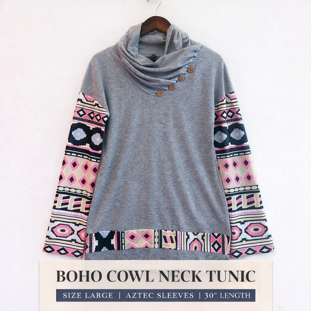 Boho Cowl Neck Tunic Top Size Large Gray Aztec Print Sleeve 30” Length